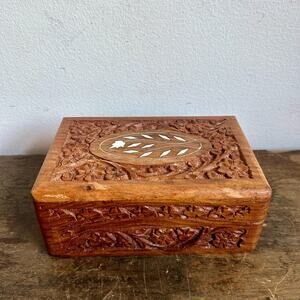 Vintage Carved Mango Wood Decorative Box with Inlay | Rustic Accent Decor